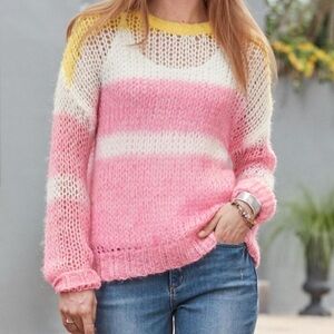 Sundance Striped Knit Light Soft Open Wool Blend Pullover Sweater Women Size L